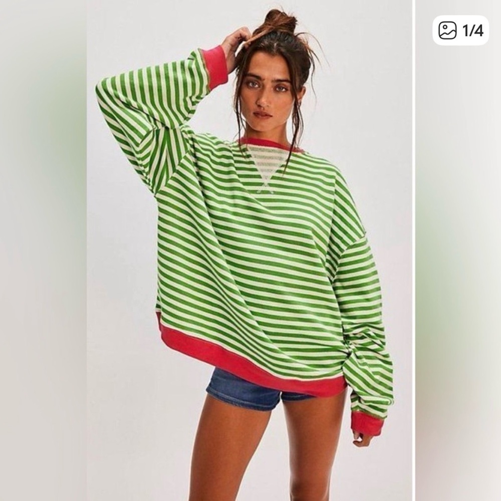 Free People Green and White Striped Oversized Sweatshirt with Pink Trim